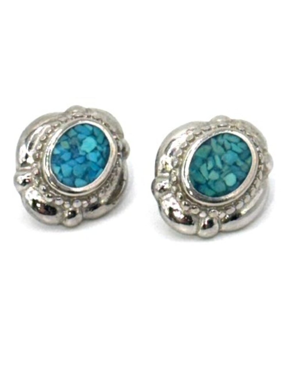 Vintage Trifari Faux Turquoise Silver Tone Oval Pierced Earrings